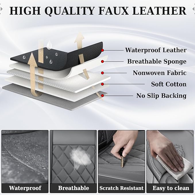 Coverado Leather Seat Covers, Car Seat Covers Full Set, Waterproof Faux Leather Seat Cover, Car Seat Protectors 5 Seats, Automotive Seat Covers Universal Fit for Most Cars SUV Trucks, Gray