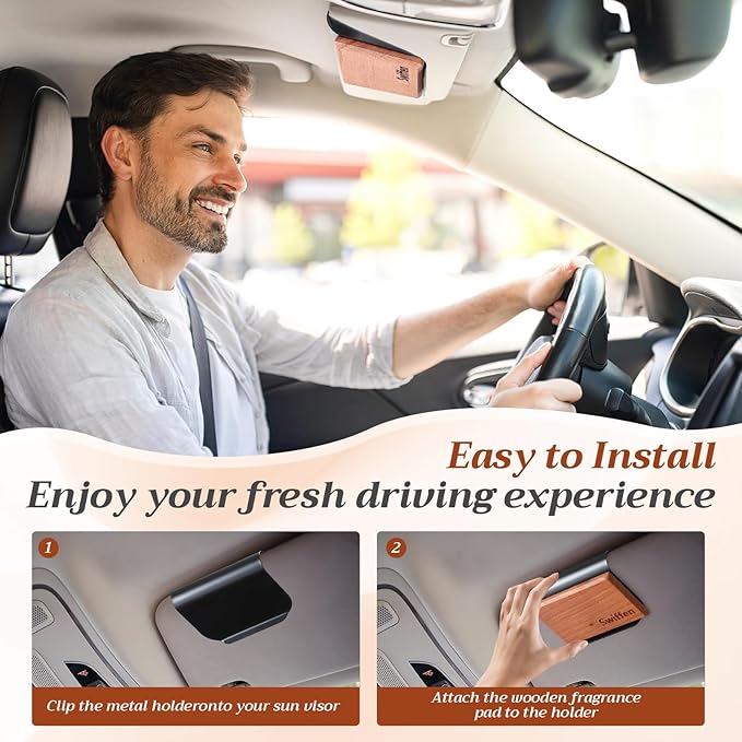 4 Pcs 4 Scents Car Wood Air Freshener Set Wood Fragrance Automotive Odor Eliminator for Visor Clip Vehicle Scent Diffuser with Coconut Open Air Amber Tectona Grandis Refill, Clip Included