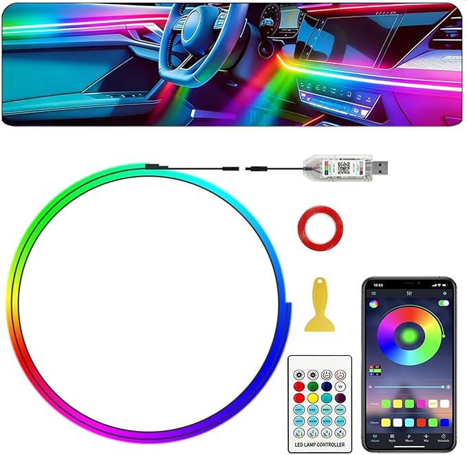 Dreamcolor Acrylic Interior Car LED Strip Lights,43.3in USB RGB Neon Flexible Strip Fiber Optic LED Ambient Lighting Kits with Remote APP, RGB Music Lights Sync for Inside car Decorations