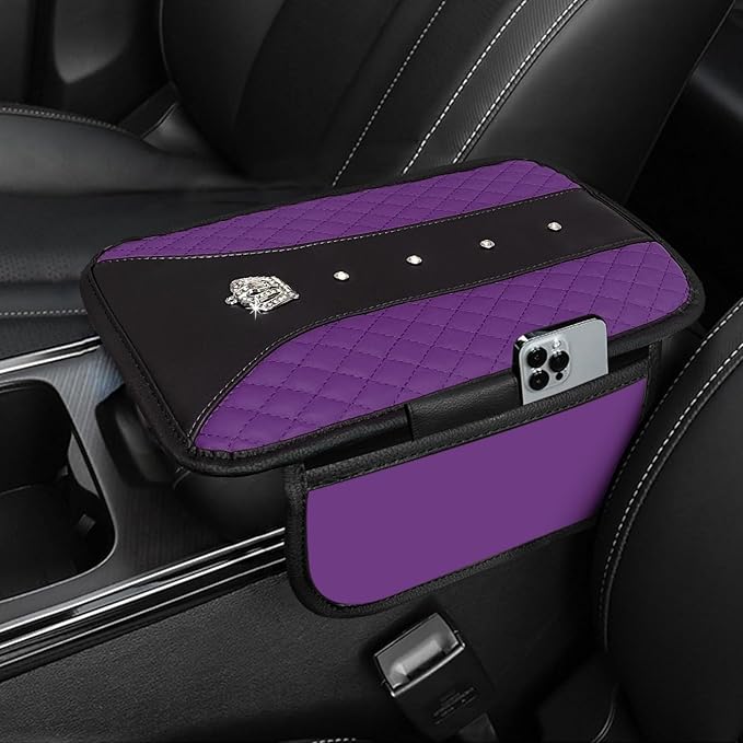 NBTEPEM Bling Crown Car Center Console Armrest Cover, Leather Middle Console Cover Cushion with 2 Storage Bags, Car Armrest Storage Box Interior Accessories for Most Vehicles(Purple)