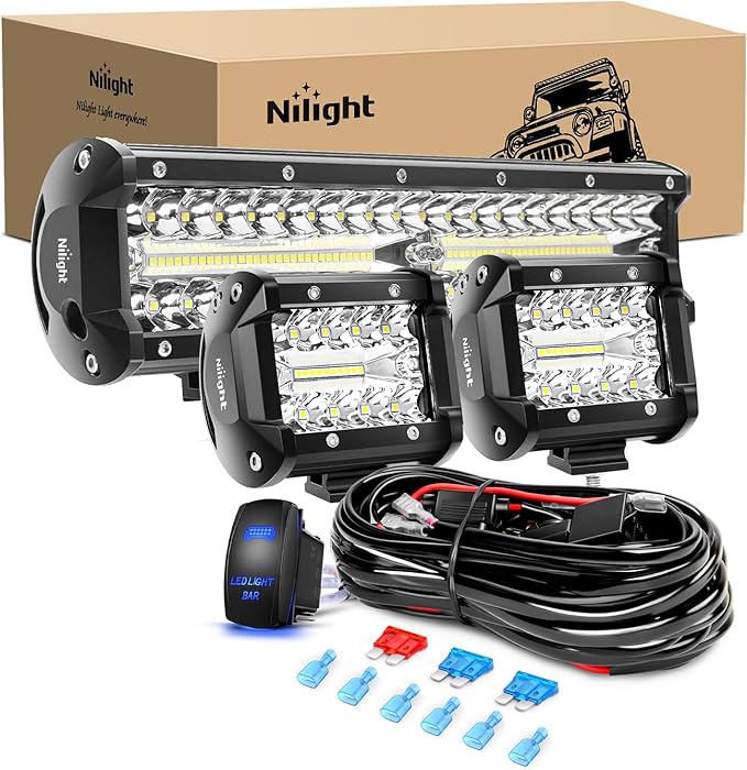 Nilight LED Light Bar 12 Inch 300W Spot Flood Combo 2 Pcs 4 inch 60W LED Pods Boat Driving Fog Lights with Off Road Wiring Harness- 3 Leads for Trucks Pickup Golf Cart SUV ATV UTV 4x4 Van Camper