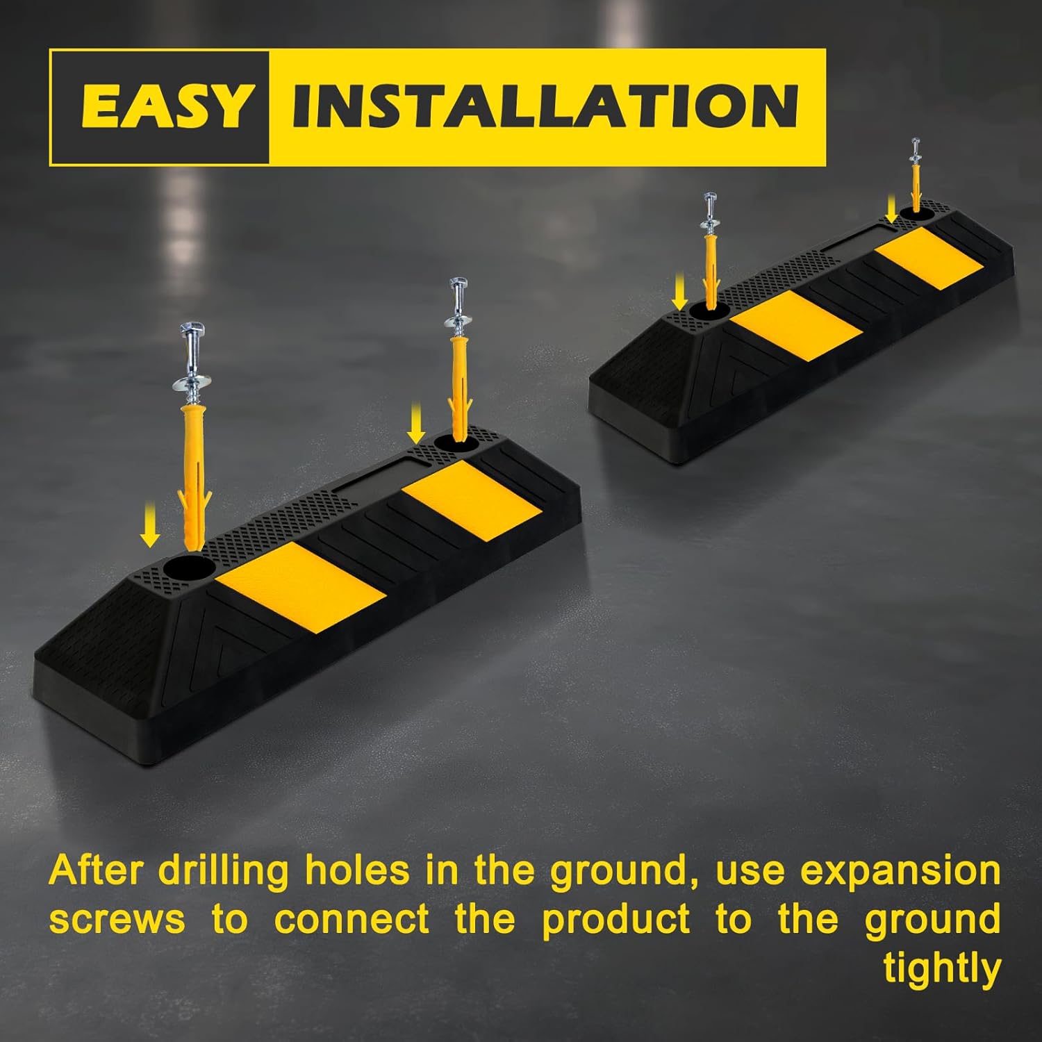 20" Rubber Parking Curb Stop, Car Stopper for Garage Parking, Heavy Duty Parking Wheel Stops for Car, Garage Bumpers with Reflective Yellow Tape for Parking Car (4 Pack)