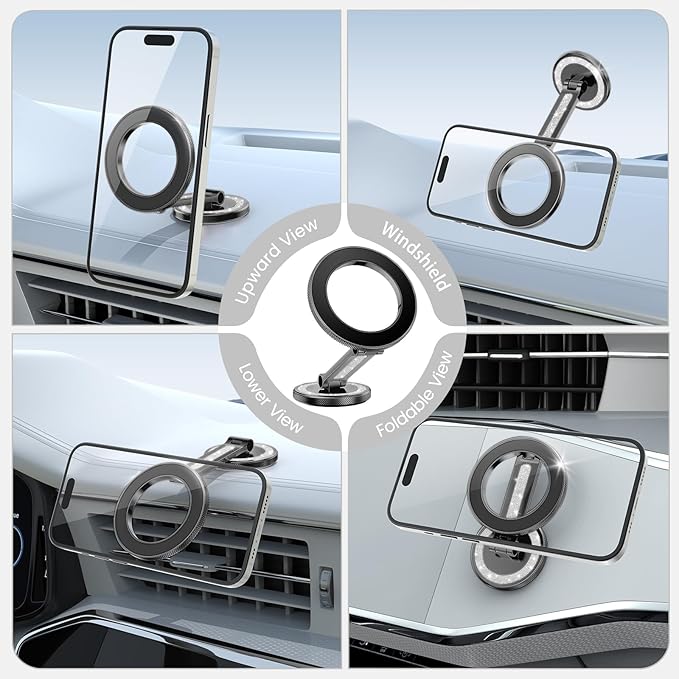 Pikabo Magnetic Phone Holder for Car Dashboard Phone Mount Holder Compatible with iPhone 17 Pro Max 16 15 14 13 12 MagSafe Accessories. (Glitter Black)