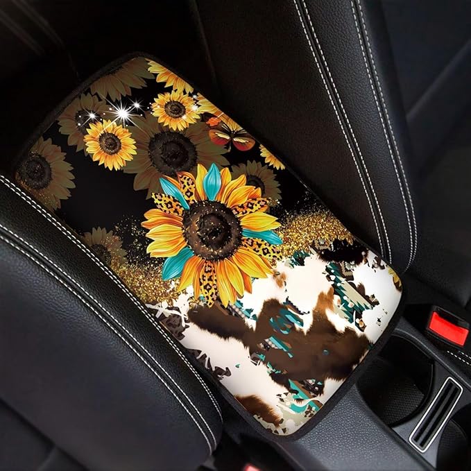 Universal Armrest Cover Pad, Sunflower Cow Print Car Center Console Cushion Pad, Protect from Pet Claws, Sticky Fingers, Auto Decor Accessories