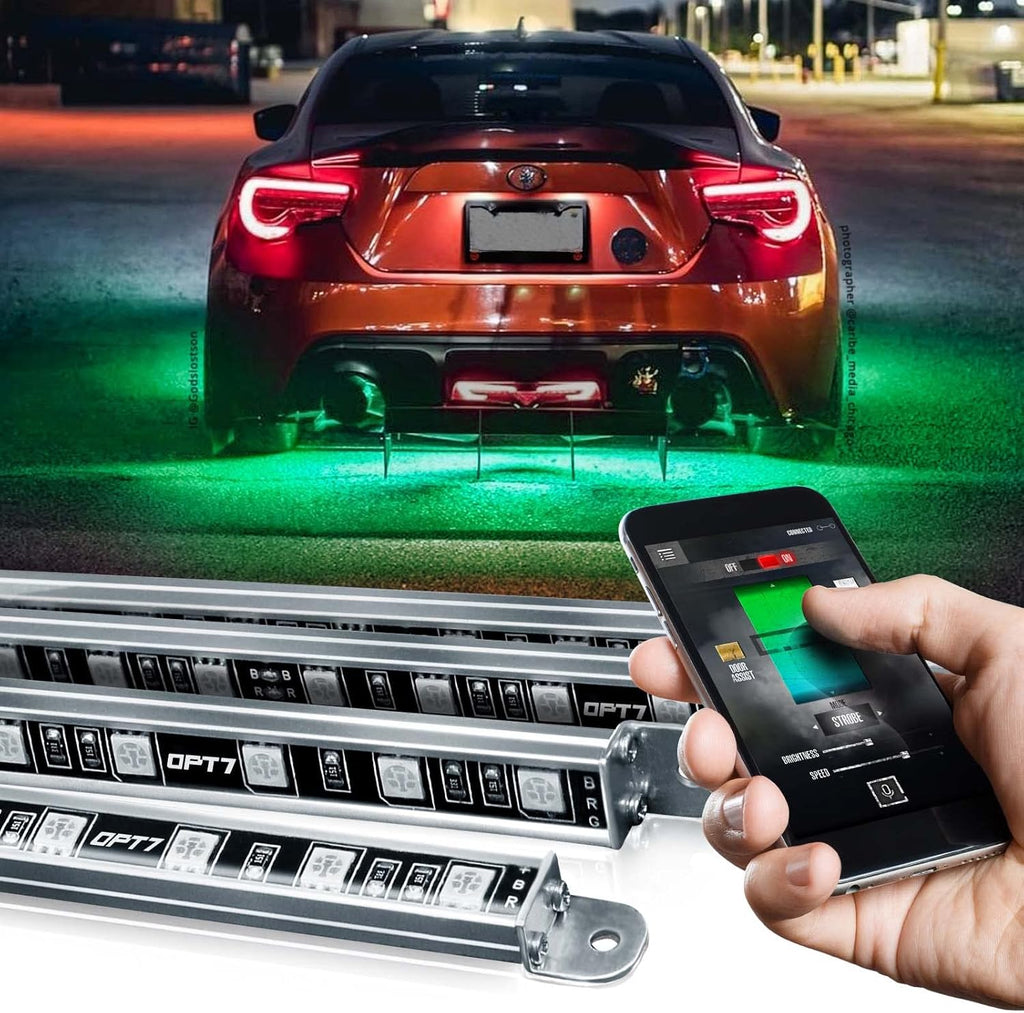 OPT7 Aura Pro Underglow LED Lights with APP & Remote Control, RGB Multicolor Mode, Music Sync, 4 PCS Waterproof Rigid Aluminum Light Bar, Exterior Underbody Lighting Kit Universal Fit for Car Truck RV
