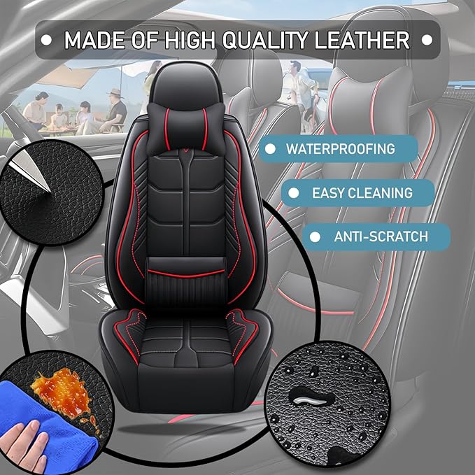 Leather Car Seat Covers Fit for Toyota Camry Solara 2004-2008, 5 Seater Car Seat Cover, Premium Waterproof, Scratch Resistant Car Interior Accessories (Full Set with Pillow Black Red)