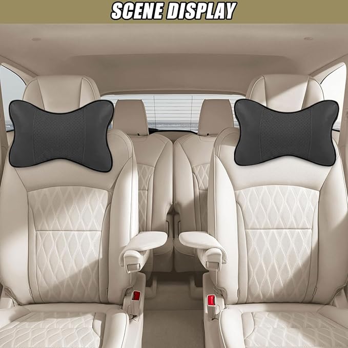 2PCS Car Neck Pillow, PU Leather Headrest Cushion with Adjustable Strap, Ergonomic Soft Headrest Pillow, Universal Multi-Function Auto Lumbar Support Accessories for Pressure Relief (Black)