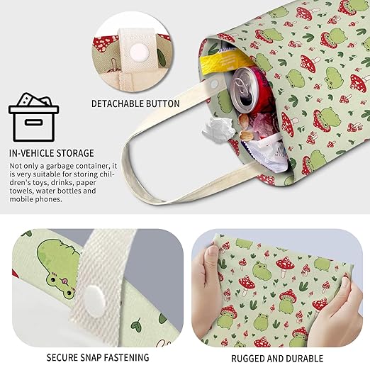 Cute Car Trash Can, Hanging Canvas Car Back Seat Organizer and Storage Bag, Funny Car Trash Bag For Travelling, Outdoor Cute Green Frog Mushroom