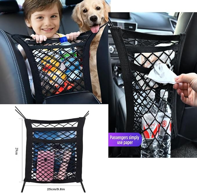 3-Layer Car Mesh Organizer, Dog and Kid Pet Barrier, Seat Back Net Bag Holder, Storage Organizer, Cargo Tissue Handbag Purse Holder, Driver Storage Netting Pouch