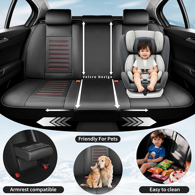 Fit HRV Premium Leather Car Seat Covers Compatible with Honda HRV 2016-2026, Breathable, Wear Resistant, Airbag Compatible, All-Weather Protection & Full Coverage, 2 Front Seat Red Line Black