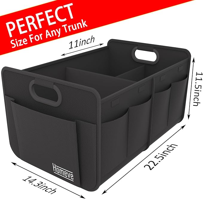 Homeve Trunk Organizer, Car Storage, Reinforced Handles, Collapsible Multi-Compartment, Foldable, Waterproof, Sturdy, 600D Oxford Polyester For Car, SUV, Mini-Van, Black, 2 Compart-Medium
