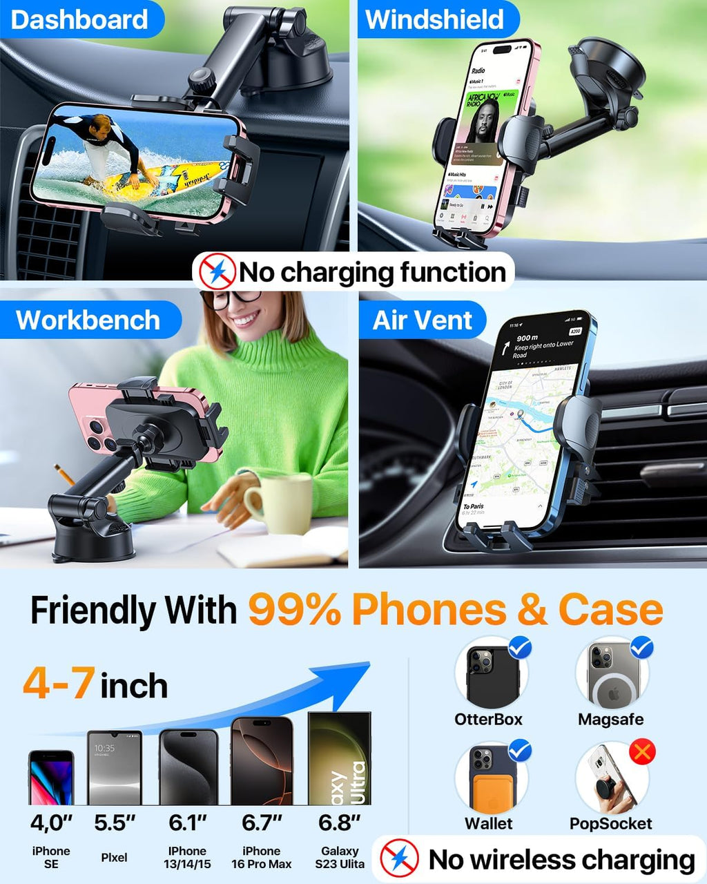 HTU [True Military-Grade] 2025 Upgraded Car Phone Holder 【Safety Certs & No Smell】 Cell Phone Holder for Car Mount for Dashboard Windshield Air Vent Long Arm Thick Case,Black