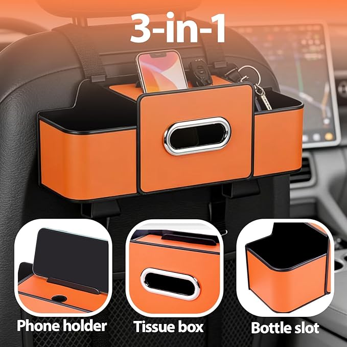 ZenChef Three-in-one Car Organizers and Storage, 2025 New Multi-function Car Tissue Holder, Multi-function Backseat Car Organizer with Cup Holder, Tissue Box, Hook (white)