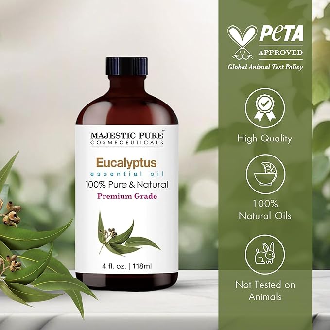 Majestic Pure Essential Oil with Glass Dropper - 100% Pure and Natural - Essential Oils for Diffuser, Aromatherapy, Soap and Candle Making, Eucalyptus Essential Oil, Eucalyptus Oil, 4 Fl Oz Pack of 2