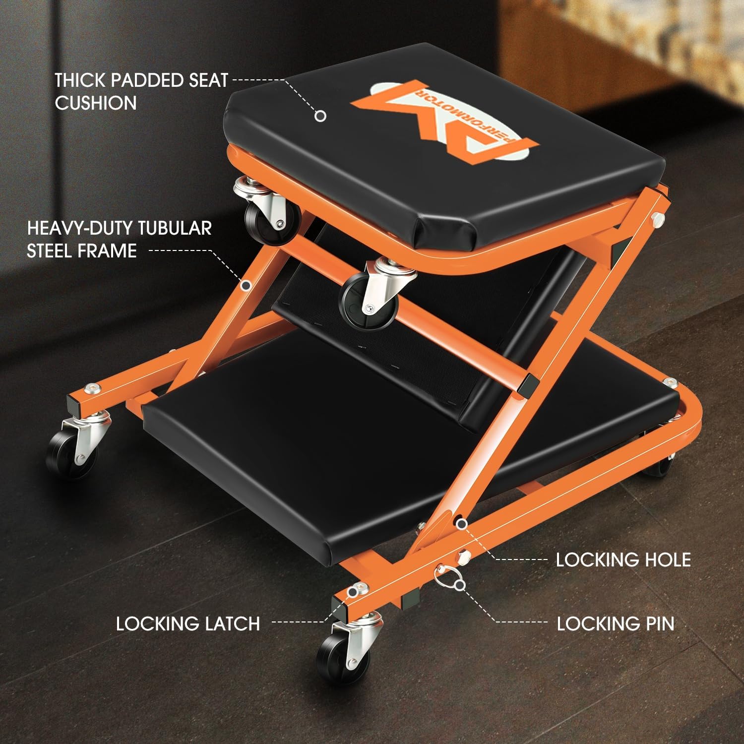 PM PERFORMOTOR 36 Inches Folding 2 in 1 Rolling Z Creeper, Adjustable Roller Garage Chair Lay Down or Sit, 6 Pcs 2" Casters, 150kg Weight Capacity, OrangePM-TOL-CPS36-OG