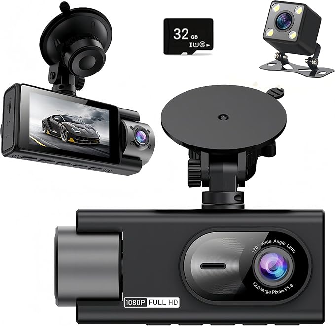 3 Channel 360 Dash Cam Front and Rear and Inside with 32G Card,1080P Dash Camera for Cars,Night Vision,3.0" IPS Screen,170° Wide Angle,Loop Recording,24H Parking Mode