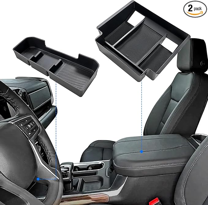 ELECFRESH 2PCS Center Console Organizer tray and Armrest Storage for 2023-2026 Chevy Silverado/GMC Sierra 1500 Accessories, 2024-2026 Silverado/Sierra 2500HD 3500HD(Only Fit Console with Bucket Seat)