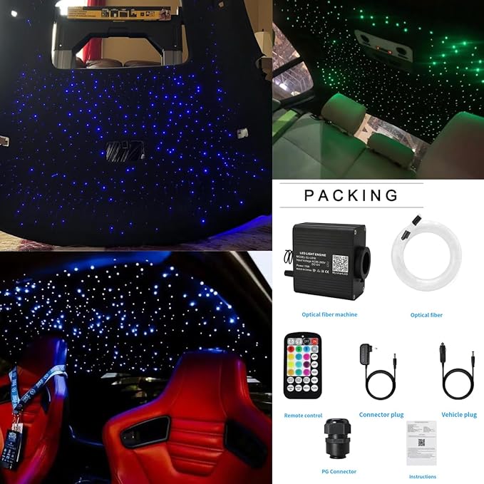 AZIMOM 16W Twinkle & Sound Activate 650pcs*0.03in*13.1ft Fiber Optic Starlight Headliner Kits for Car Home Star Ceiling Sky Decoration, APP& Remote Control Light Engine End Glow Fiber