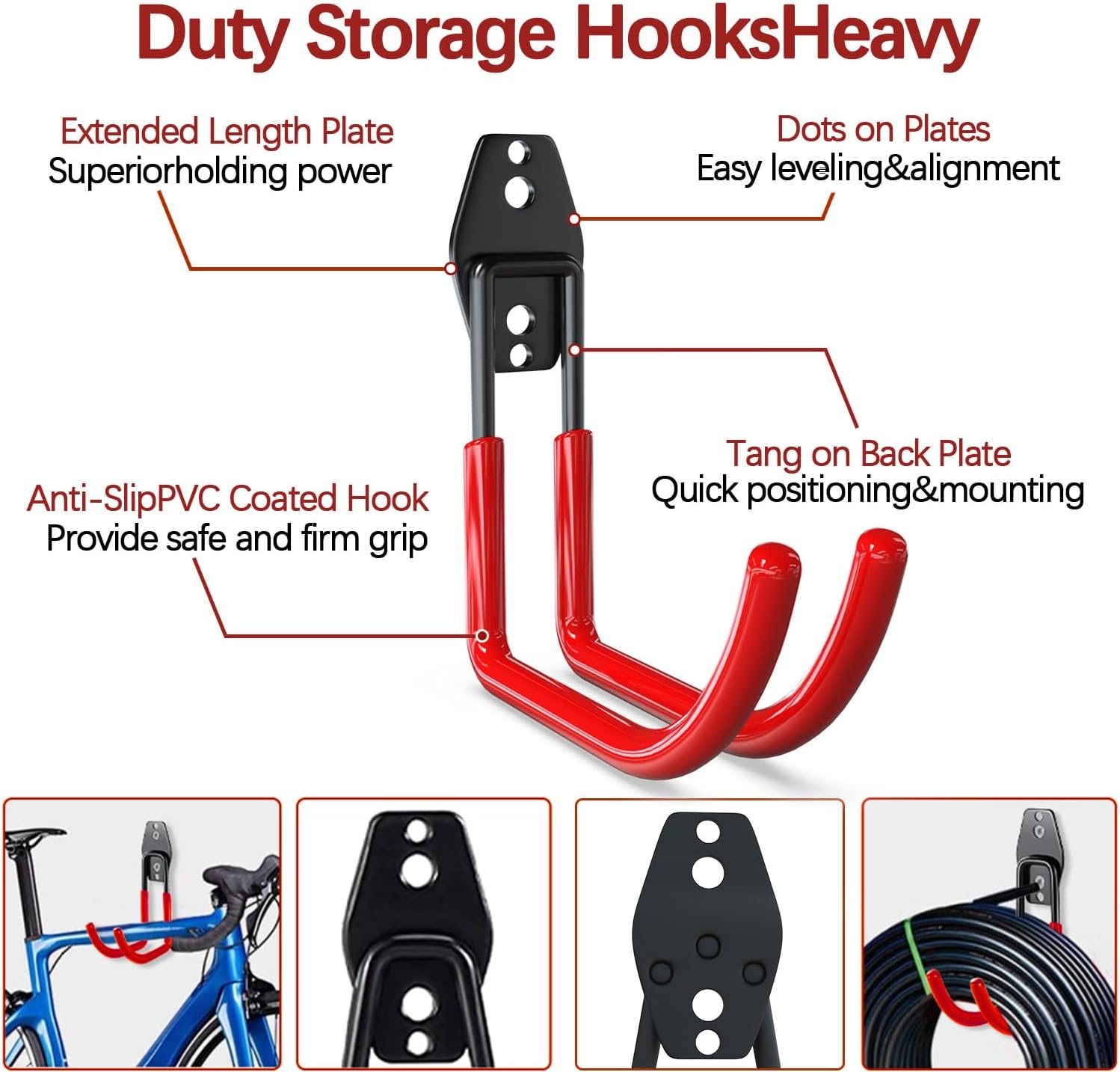 3-H Large Garden Hose Holder Wall Mount 4 Pack,Solid Steel Hose Hanger,Water Hose Holders for Outside,Perfect for Hanging Outdoor Air Hose,Ropes,Pipes,Garden Tools,Ladders,Bikes,Bulk Items(Red)