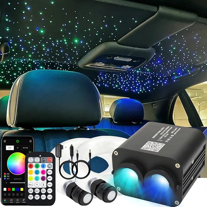 AZIMOM Dual Color 20W Twinkle Fiber Optic Starlight Headliner Kits Mixed 860pcs*13.1ft Fiber Strands Sound Activated Remote APP Control RGBW Light Source Home Car Ceiling Headliner Décor