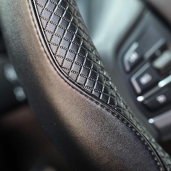 Valleycomfy Steering Wheel Covers Universal 15 inch - Genuine Leather, Breathable, Anti Slip & Odor Free (Black with Black Lines, M(14" 1/2-15" 1/4))