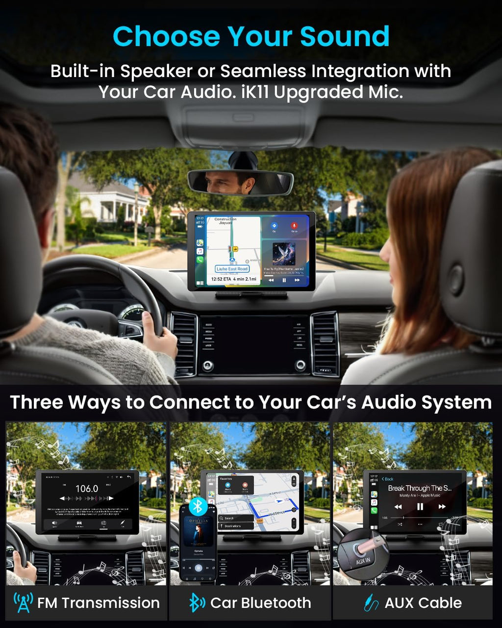 11" Extra Large Wireless Apple CarPlay Screen for Car – Ultra-Slim 0.16 Inch Touchscreen Car Stereo with Android Auto, 4K Dash Cam, 1080p Backup Camera, GPS, Mirror Link, Voice Control