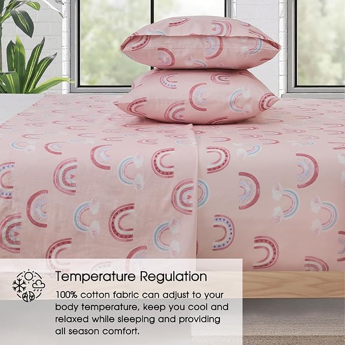 Ivellow Full Sheets Set Kids 100% Natural Cotton Sheets Soft Breathable Percale Bed Sheets 16" Deep Pocket Cute Kawaii Rainbow Patterned Sheets for Girls Toddler Teen Kids Full Bedding Dorm Essentials