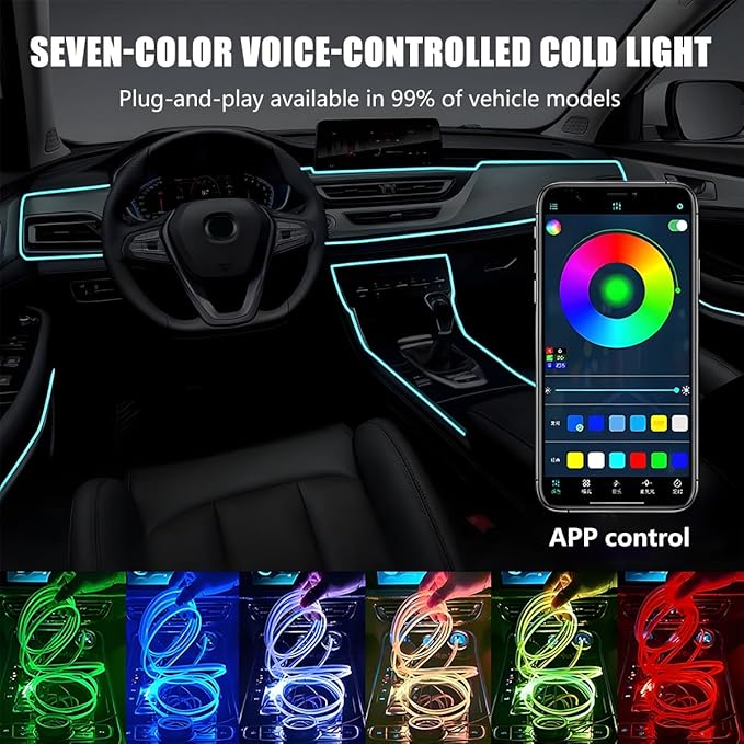 HZEL Car LED Strip Light, 6 in 1 RGB Smart APP Control Vehicle Fiber Optic Ambient Lamp with USB Port & Music Sync Mode, Auto Interior Decor Lighting Kit, Universal for Most Cars