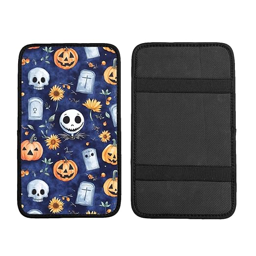 Skull Skellington Halloween Pumpkins Sunflowers Car Auto Armrest Cushion Cover Accessories Center Console Seat Box Pad Protector Universal Decoration for Most Vehicle SUV Truck