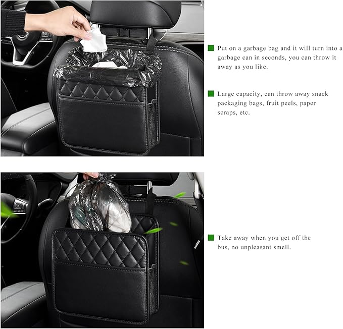 Car Seat Back Organizer, Waterproof Leather Hanging Backseat Organizer with Storage Pockets, Large Capacity Auto Trash Bag Collapsible Document Holder for Most Vehicles
