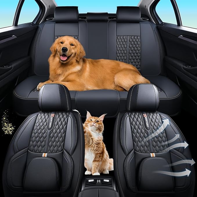Black Car Seat Covers for Ford Bronco Sport 2021-2025 Car Seat Cover, Leather, 5 Piece Full Set, with Lumbar Support, Anti-Slip, Suitable for All Seasons, Beautify The Interior of Old Cars
