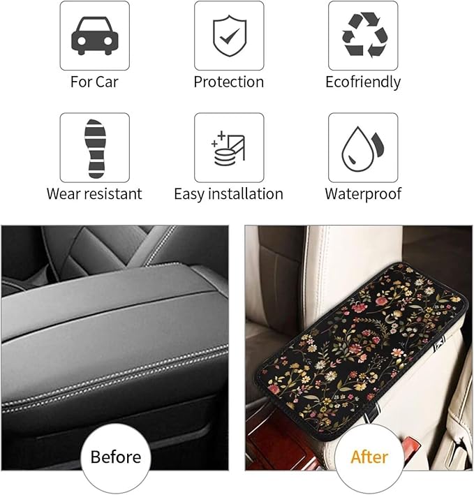 Car Center Console Cover Flower Vintage Retro Armrest Cover Cushion Cute Floral Rustic Universal Car Armrest Seat Box Pad Green Leaf Car Interior Accessories Protector for Most Vehicle
