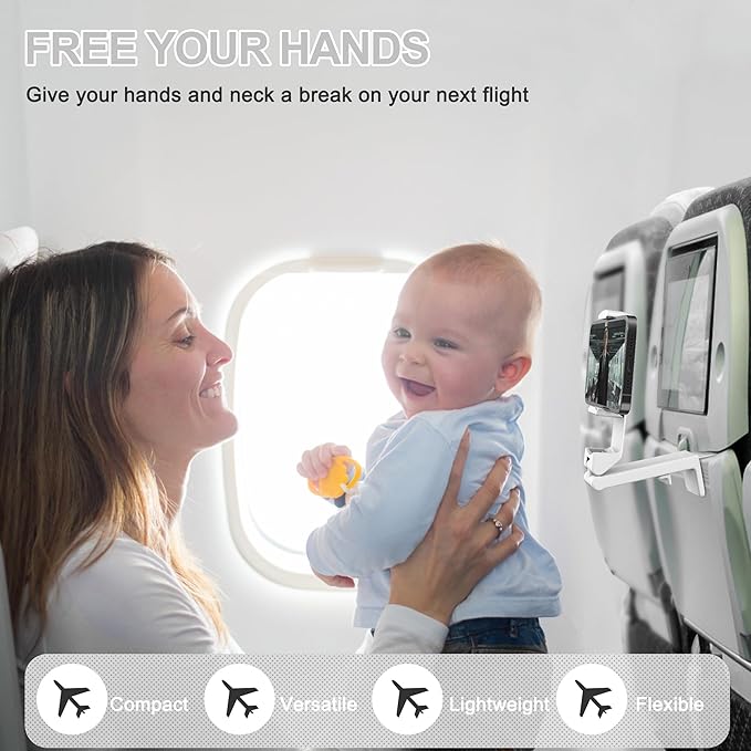Perilogics Airplane Phone Holder Mount Universal in Flight Hands Free Viewing with Multi-Directional Dual 360 Degree Rotation (White)