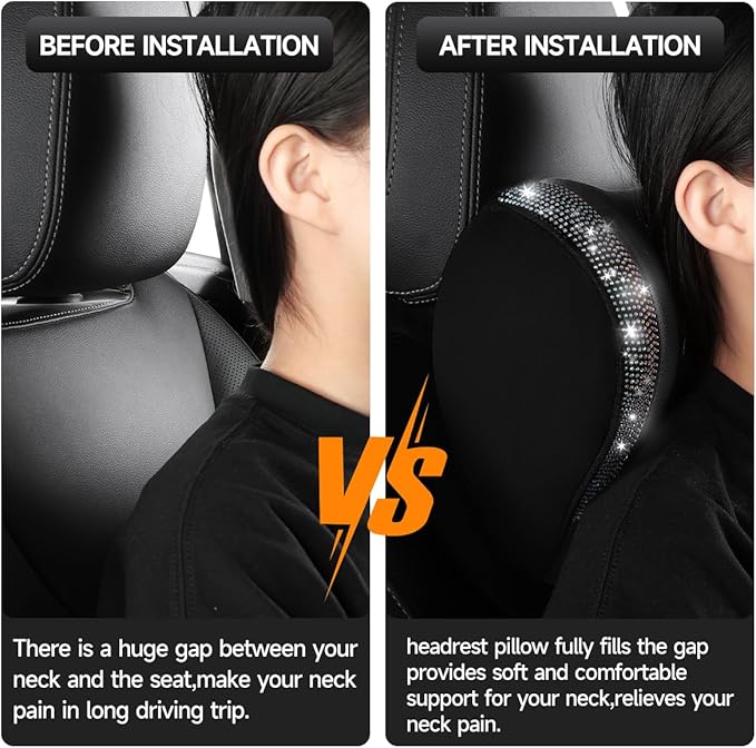 2 Pack Diamond Car Neck Pillow for Women, Memory Foam Neck Pillow for Chair for Lower Back Pain Relief, Car Headrest Pillow with Adjustable Strap, Comfort Softness Neck Support Pillow(Black)