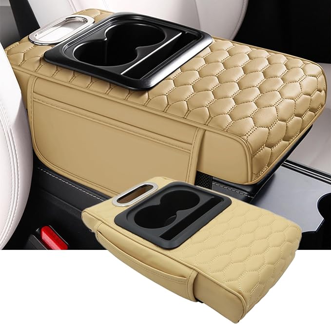 Priprilod Beige Car Center Console Armrest Pillow, Memory Foam with Cup Holder and Cell Phone Holder, Multifunctional Car Center Console Organizer, Universal Fit for Most Car Interior Accessories