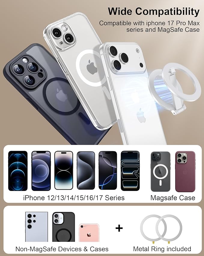 for Magsafe Ring Stand, Double-Sided Magnetic Phone Grip, Finger Loop Kickstand Compatible with Apple iPhone 17-12 Series, Foldable Onsnap Mag Safe Cell Phone Holder for Samsung Galaxy, Google Pixel
