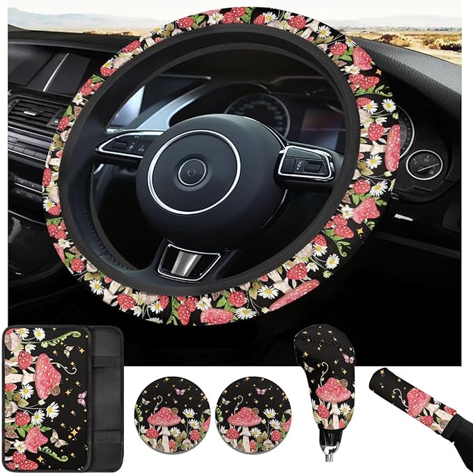 Mushroom Print Car Steering Wheel Cover Set for Men Women Mushroom Car Interior Accessories Cup Coaster Cars Handbrake Cover Universal Fit Truck Van SUV