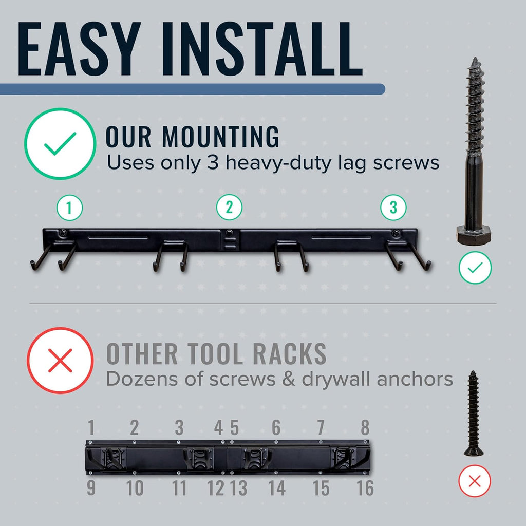 StoreYourBoard Wall-Mounted Rack With 4 Garage Hooks – Heavy-Duty Steel Holder Garage & Garden Storage for Shed, Workshop, or Home Organization – For Rakes, Shovels, Tools & More – 1 Pack, Mud