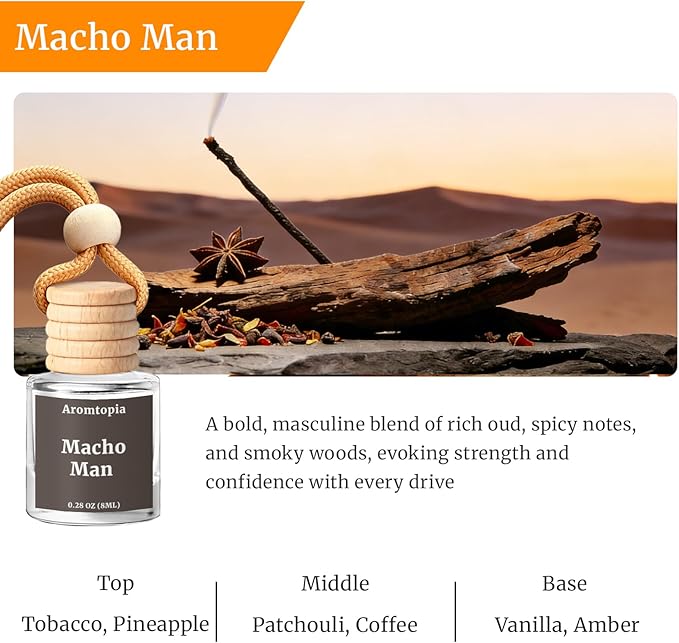 Hanging Car Air Fresheners, Aromtopia Bold Masculine Woody Fragrance for Car Diffuser, Rear View Mirror Accessories, Small Gift for Men (Macho Man), Pack of 2