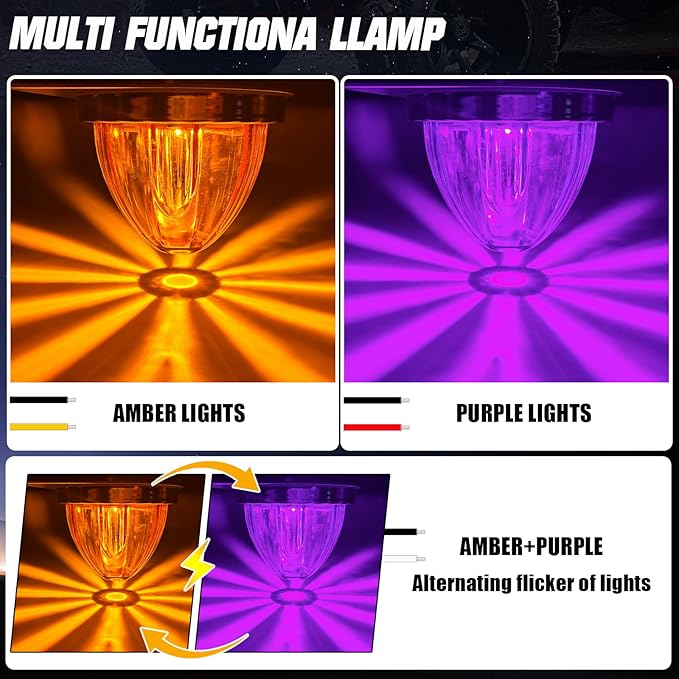 2-Pack Dual Color LED Watermelon Lights Cab Roof Clearance Marker Warning Lights Amber Purple Strobe & Steady Side Marker Lamp with Bezel for Truck Trailer RV Off-Road Vehicle