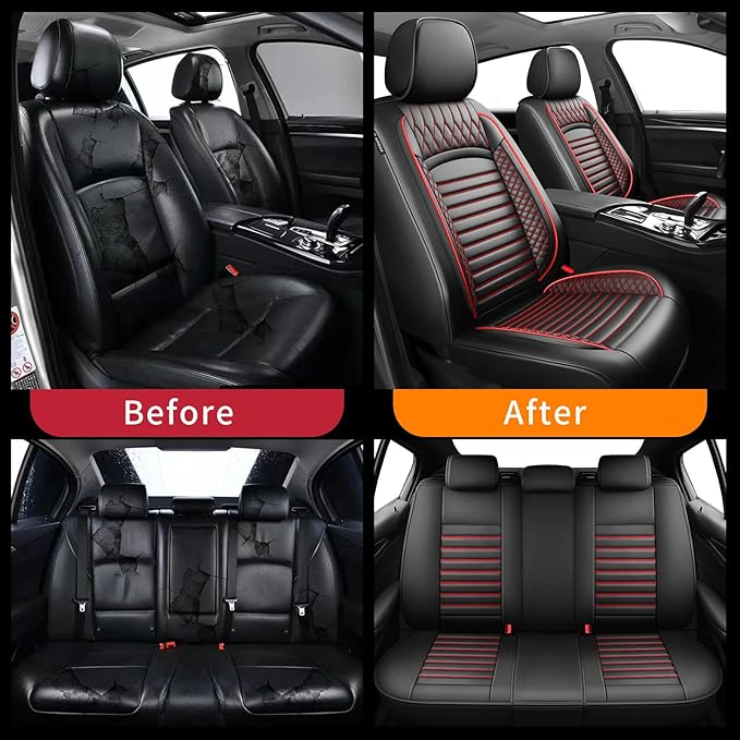 Fit Fj Cruiser Car Seat Covers for Toyota Fj Cruiser 2007-2013 2014-Upgraded Premium Waterproof & Breathable Leather, Airbag Compatible,All-Weather Seat Cushion Protector (Full Set, Black+Red)