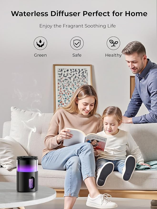 Waterless Essential Oil Diffuser: 9 Colors LED Scent Diffuser for Home&Car&Office - Portable Diffuser with 48H Battery, 4 Timers & 3 Mist Levels, Charcoal Black