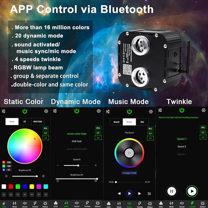 AZIMOM Dual Color High Brightness 50W Twinkle Fiber Optic Light Source RGBW Light Box Engine Diver Music Sensor Mode Bluetooth/RF Control for Home Star Ceiling Light Effect Decor