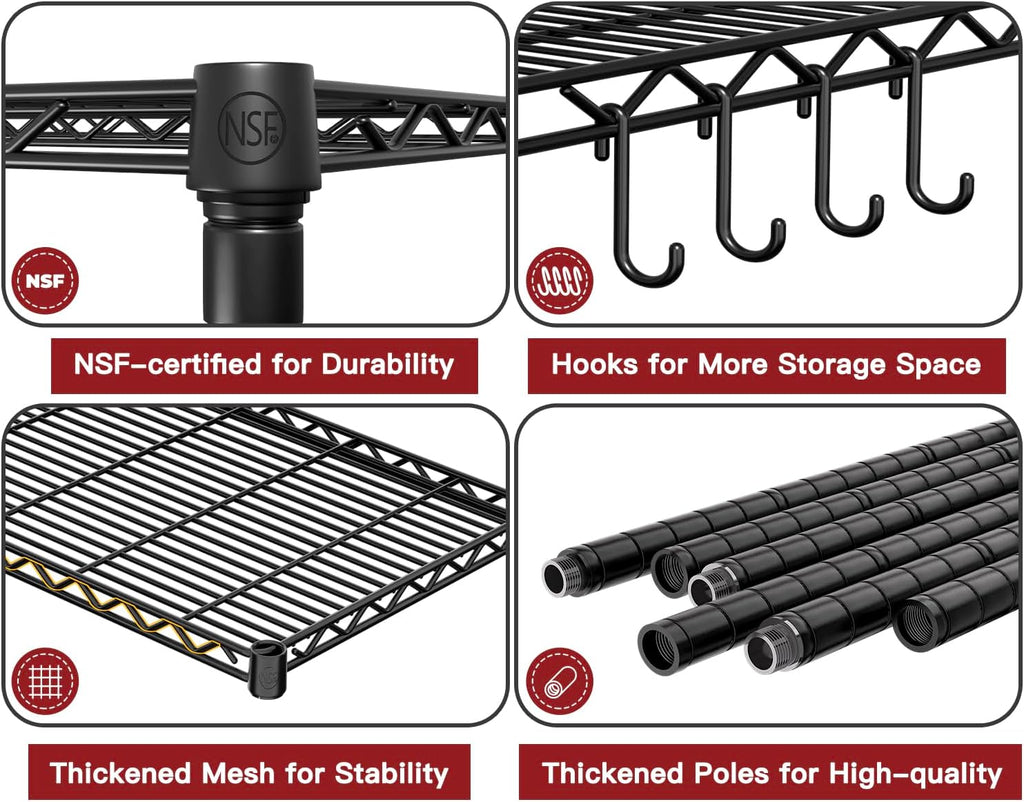 PrimeZone Wire Metal Storage Shelves - 5 Tier Adjustable NSF Certified Heavy Duty Garage Shelving Unit Organizer Rack, Steel Utility Shelf for Kitchen, Pantry, 35.5" W x 14" D x 72" H, Black, 3 Packs
