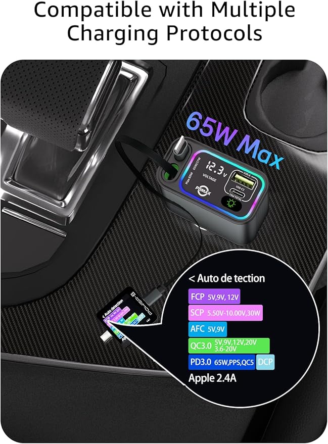 Retractable Car Charger USB C,107W Type C Car Charger Fast Charging with Dual Retractable Cable and USB Ports for iPhone 17/16/15,S25/24/23, Pixel 9/8/7(Build-in USB-C & Lightning Cable)