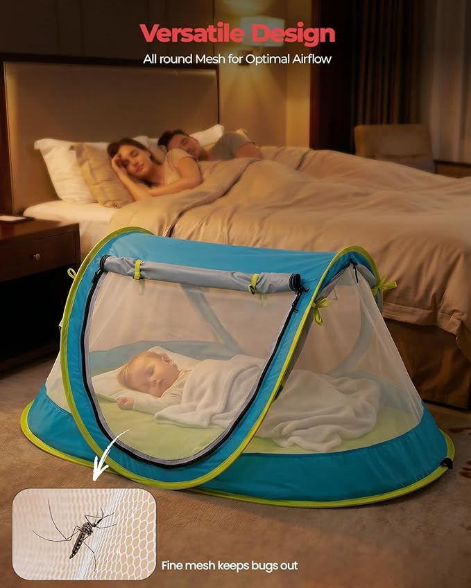 Poray Portable Baby Beach Tent with UPF 50+ Sun Shelter,Mosquito Net and Sunshade, Ideal Pop Up Kids Travel Tent with Carry Bag & 2 Stakes,Outdoor Indoor Play and Sun Protection