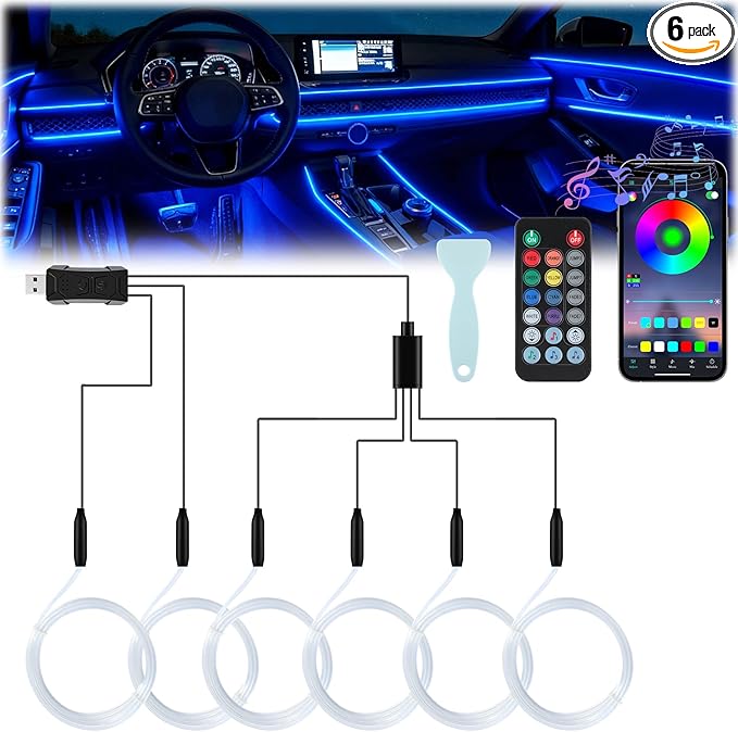 LivTee Smart Car LED Interior Lights with USB Port, LED Strip Fiber Optic Lights, Wireless App and Remote Control, Sync to Music, Car Accessories Gifts for Women and Men, 6 in 1