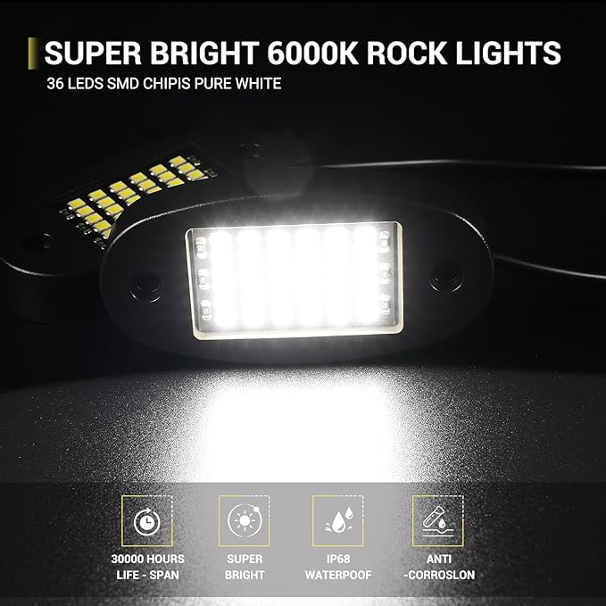 Hovano 12 Pods White Rock Lights 6000K Pure White 36 LEDs SMD Chips Super Bright Neon Underglow Light IP68 Waterproof for Pickup Trucks SUV UTV ATV RZR Car Boats (White)