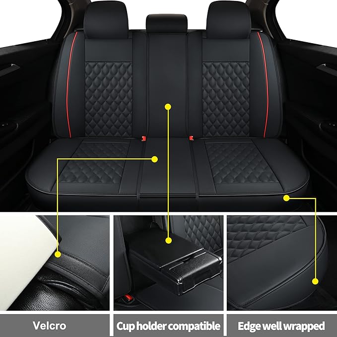 Leatherette Car Back Seat Covers, Universal Fit for Most Cars, SUV, Sedans and Pick-up Trucks, Black/Red