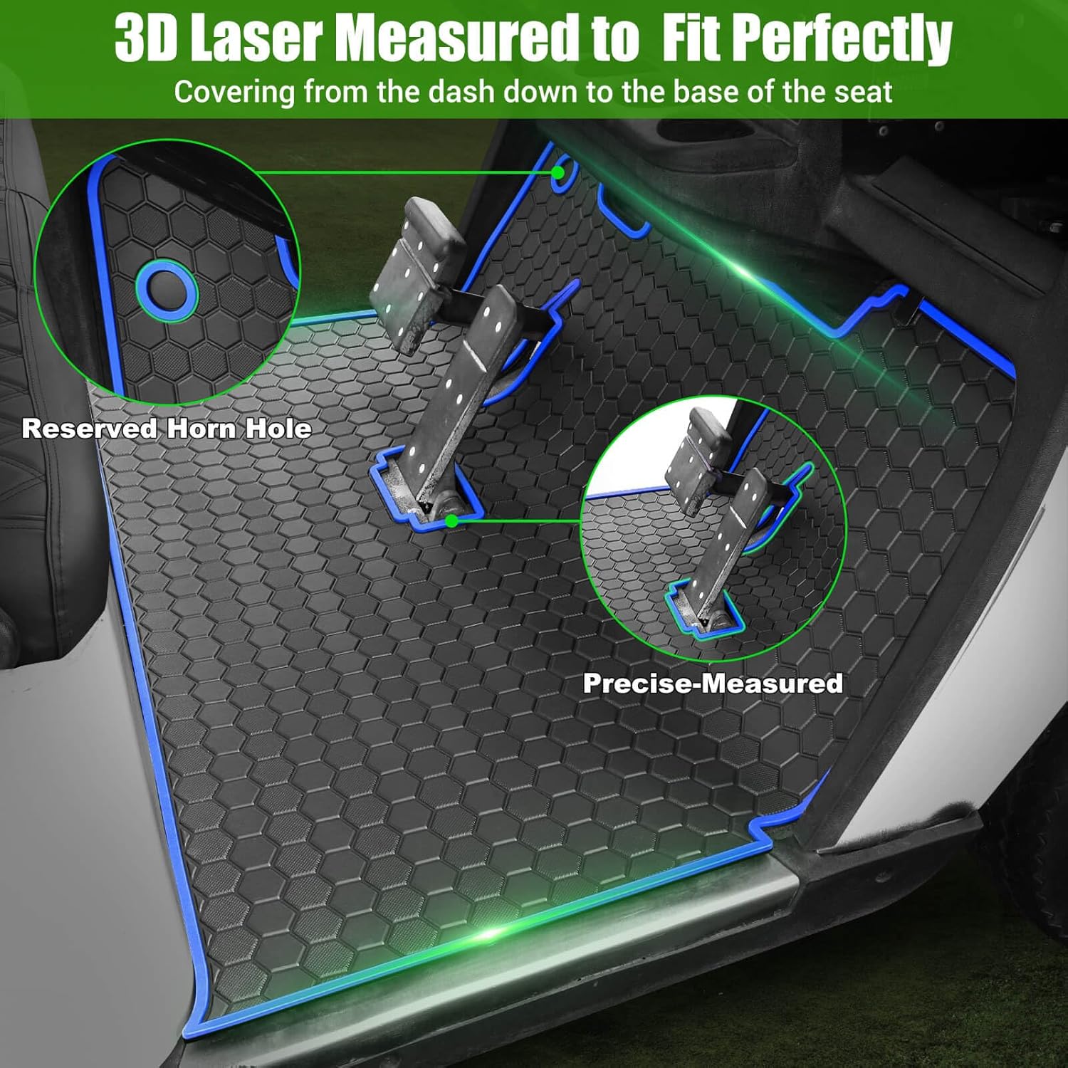 EZGO TXT Golf Cart Full Coverage Floor Liner Mat, fits EZGO TXT (1994+), Valor(1994+), Express S4(2012-2020), Cushman Workhorse, EX1(2020), Thick Anti-Slip Rubber, Blue Trim